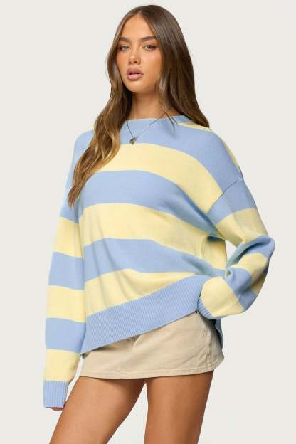 Riley Oversized Striped Sweater - LIGHT-BLUE-AND-YELLOW