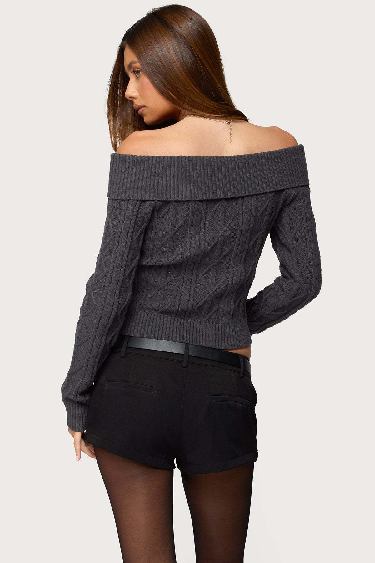 Leta Off Shoulder Cable Knit Sweater - DARK-GRAY