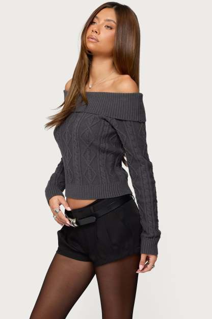 Leta Off Shoulder Cable Knit Sweater - DARK-GRAY