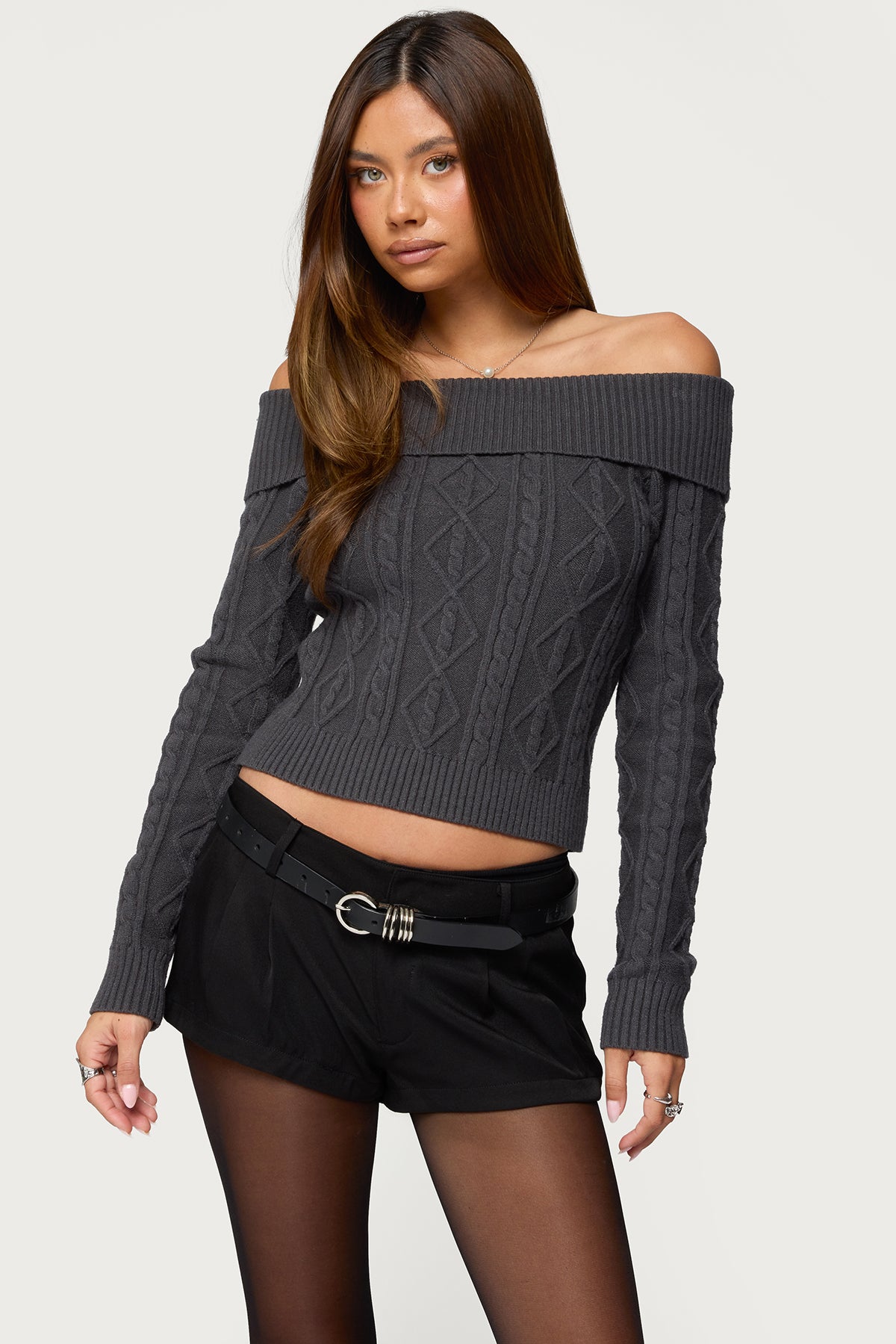 Leta Off Shoulder Cable Knit Sweater - DARK-GRAY