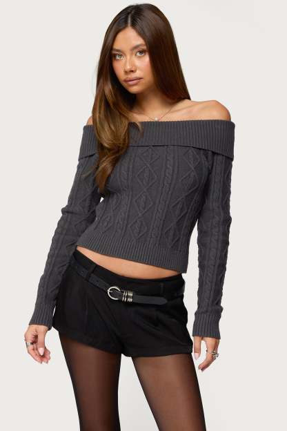 Leta Off Shoulder Cable Knit Sweater - DARK-GRAY