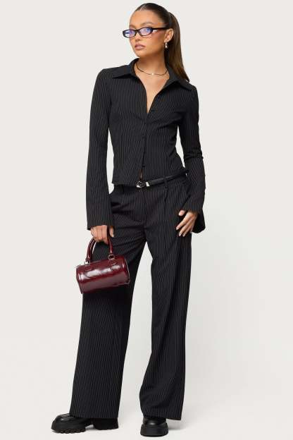 Pinstripe Tailored Straight Leg Pants - BLACK