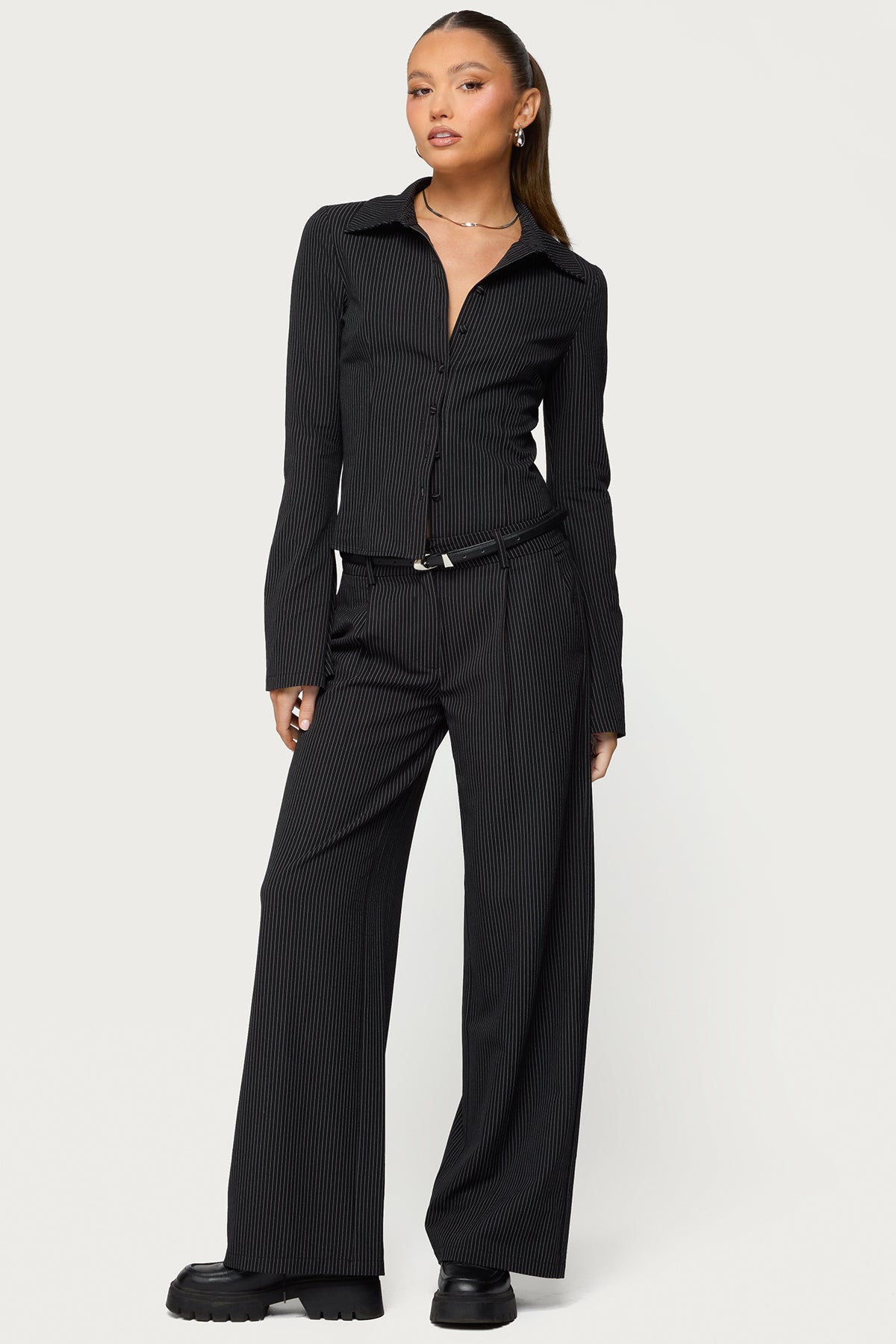 Pinstripe Tailored Straight Leg Pants - BLACK