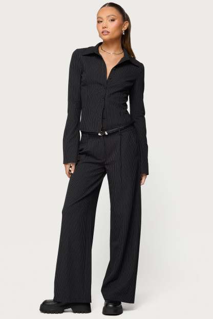 Pinstripe Tailored Straight Leg Pants - BLACK