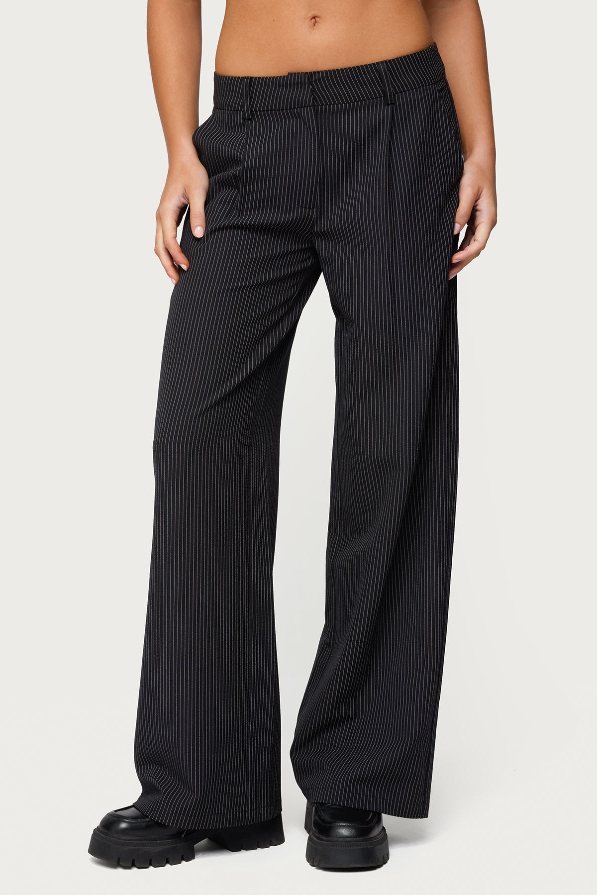 Pinstripe Tailored Straight Leg Pants - BLACK
