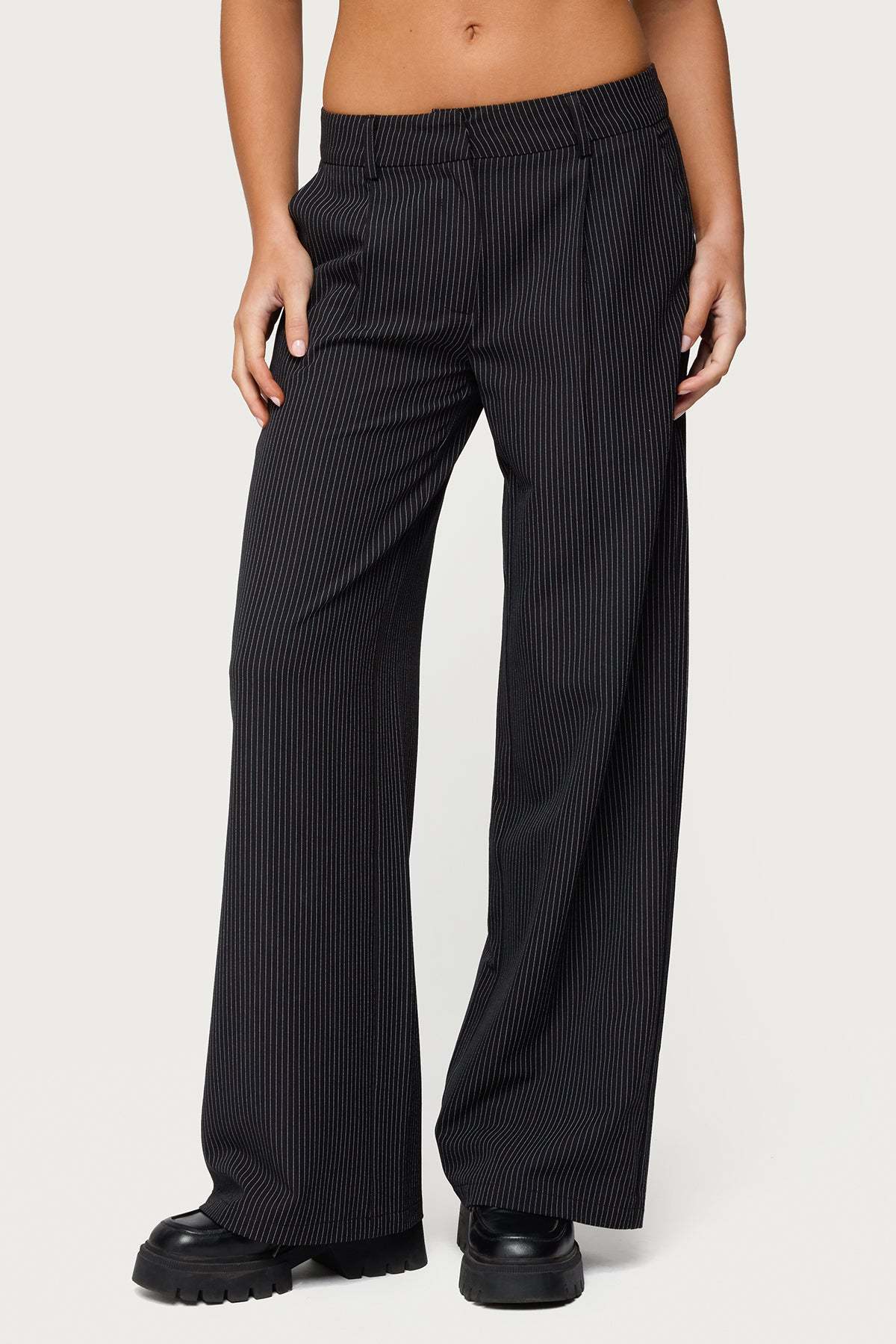 Pinstripe Tailored Straight Leg Pants - BLACK