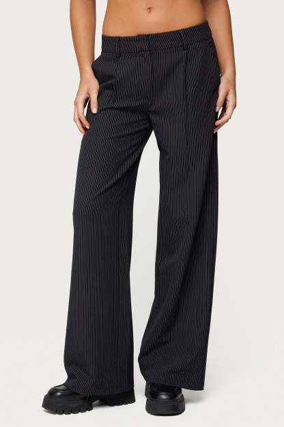 Pinstripe Tailored Straight Leg Pants - BLACK