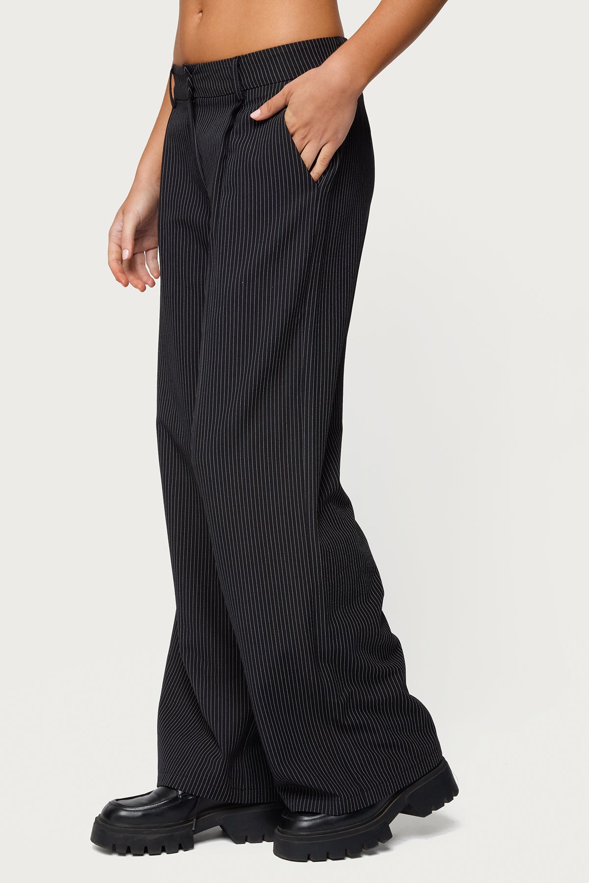 Pinstripe Tailored Straight Leg Pants - BLACK