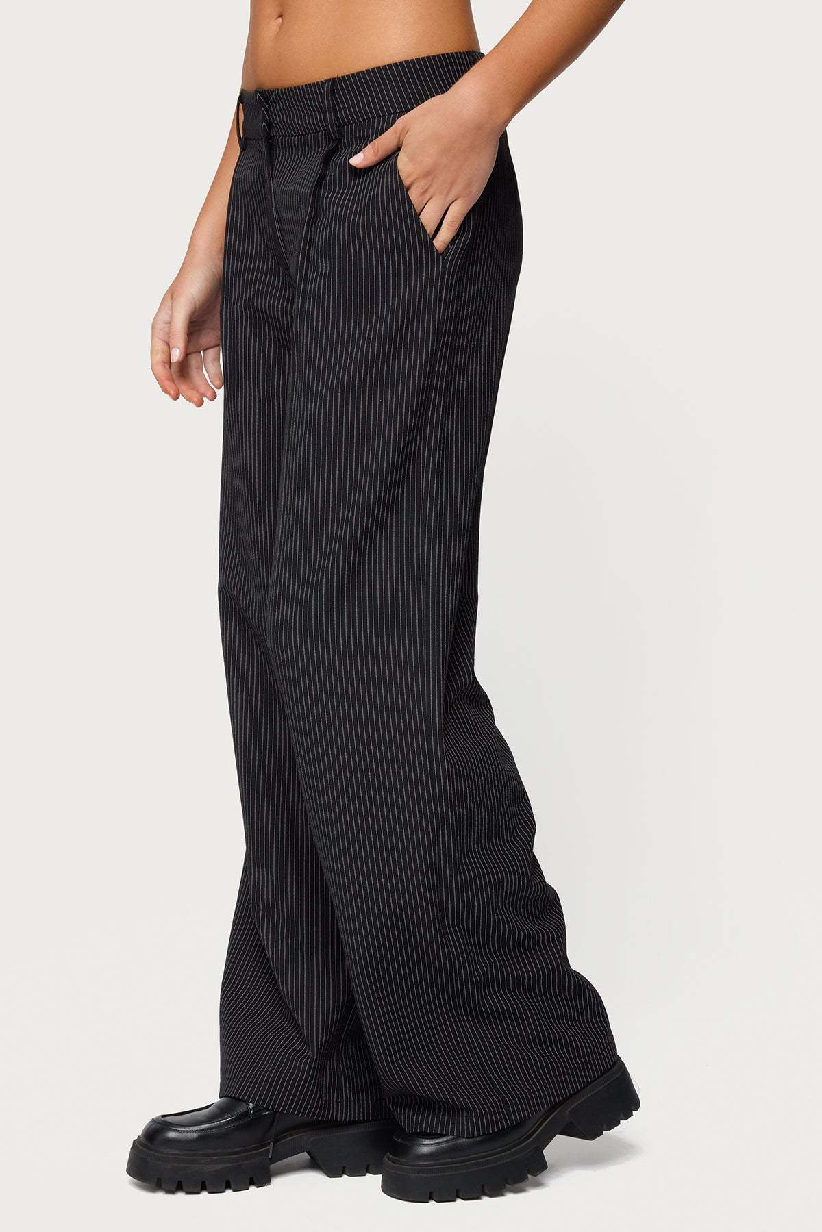 Pinstripe Tailored Straight Leg Pants - BLACK
