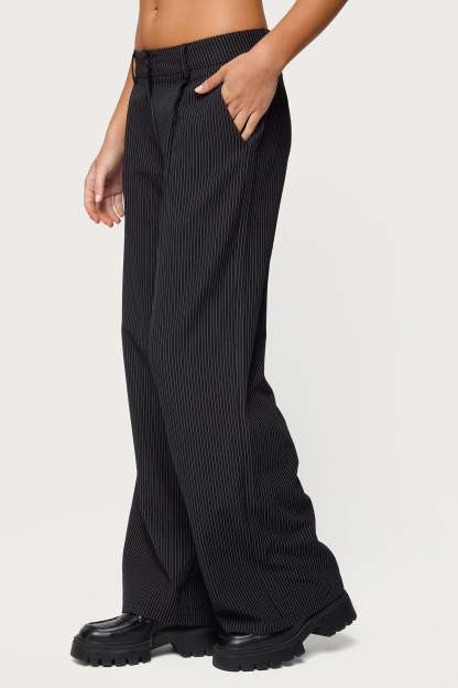 Pinstripe Tailored Straight Leg Pants - BLACK