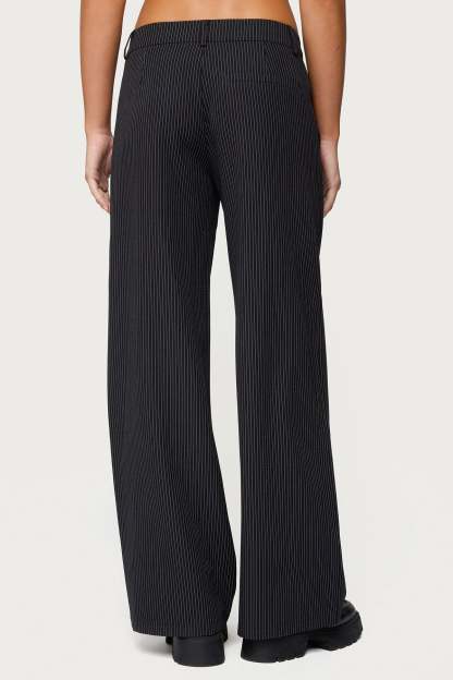 Pinstripe Tailored Straight Leg Pants - BLACK