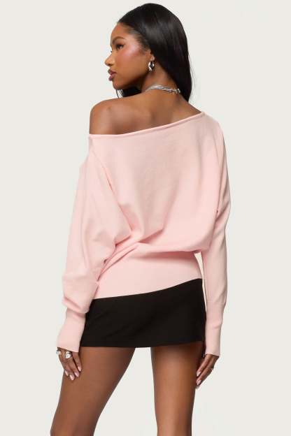 Off Shoulder Oversized Sweater - LIGHT PINK