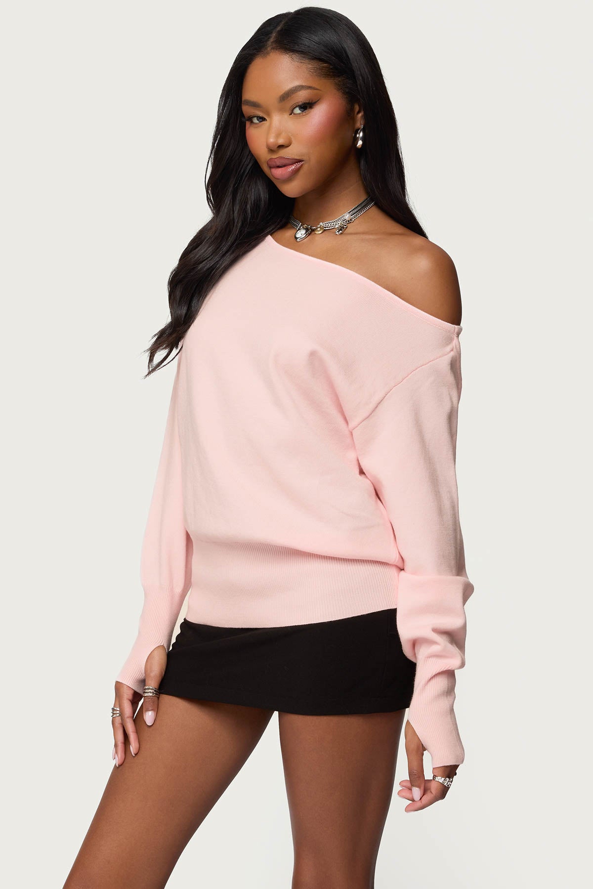 Off Shoulder Oversized Sweater - LIGHT PINK