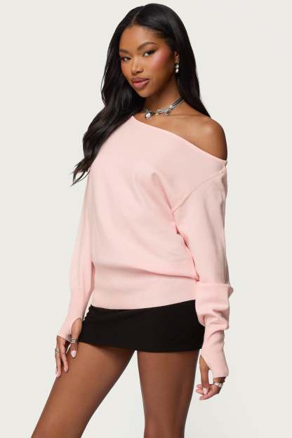 Off Shoulder Oversized Sweater - LIGHT PINK