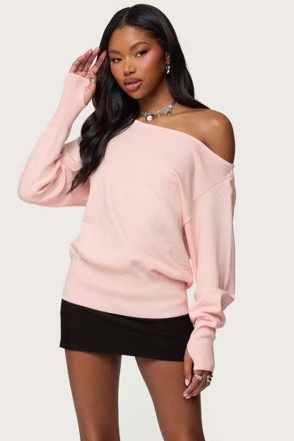 Off Shoulder Oversized Sweater - LIGHT PINK
