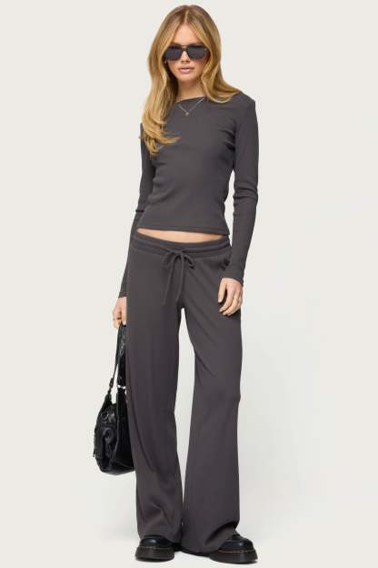 Cicilia Straight Leg Ribbed Pants - DARK-GRAY