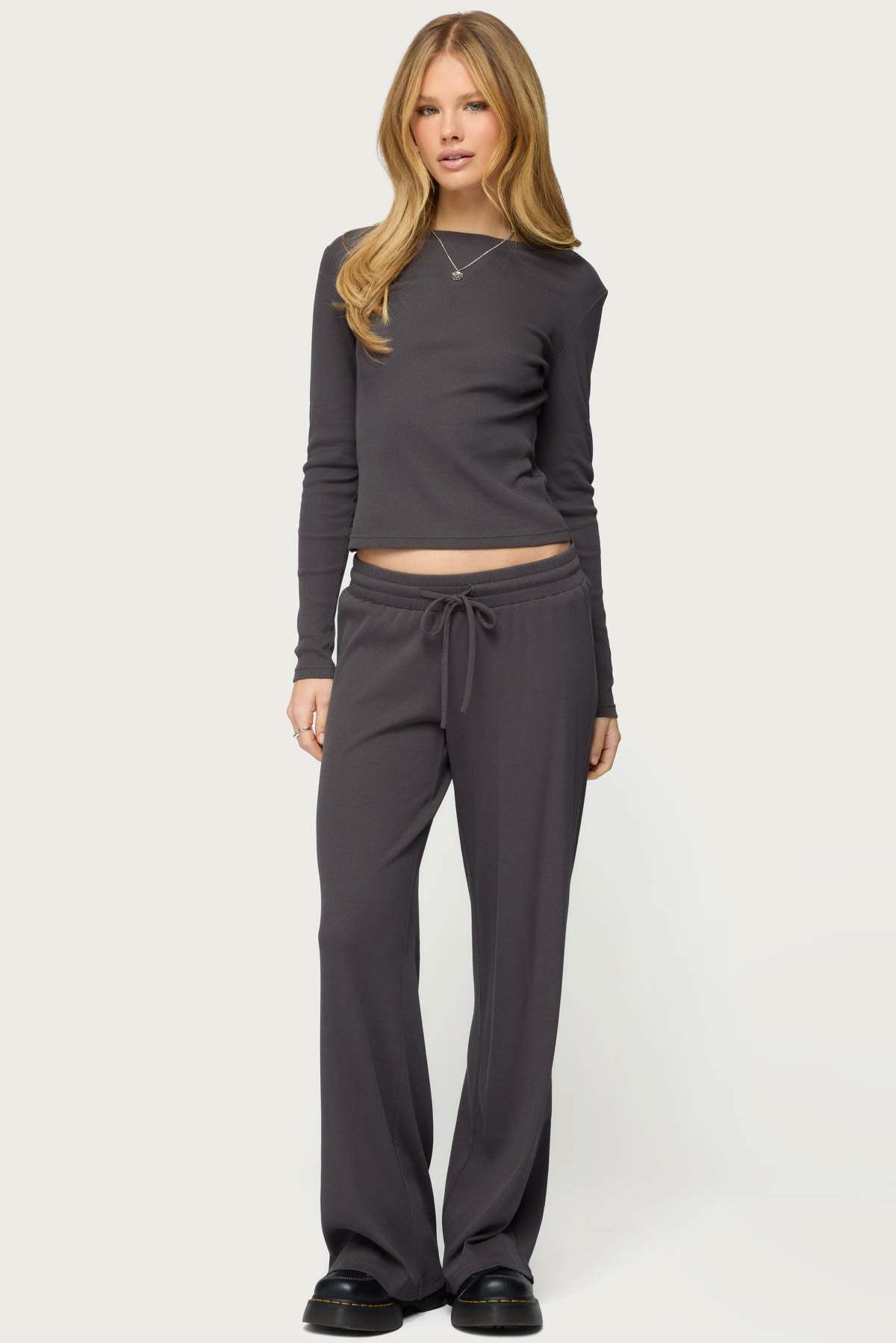 Cicilia Straight Leg Ribbed Pants - DARK-GRAY