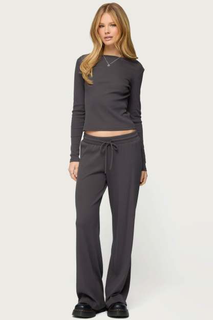 Cicilia Straight Leg Ribbed Pants - DARK-GRAY