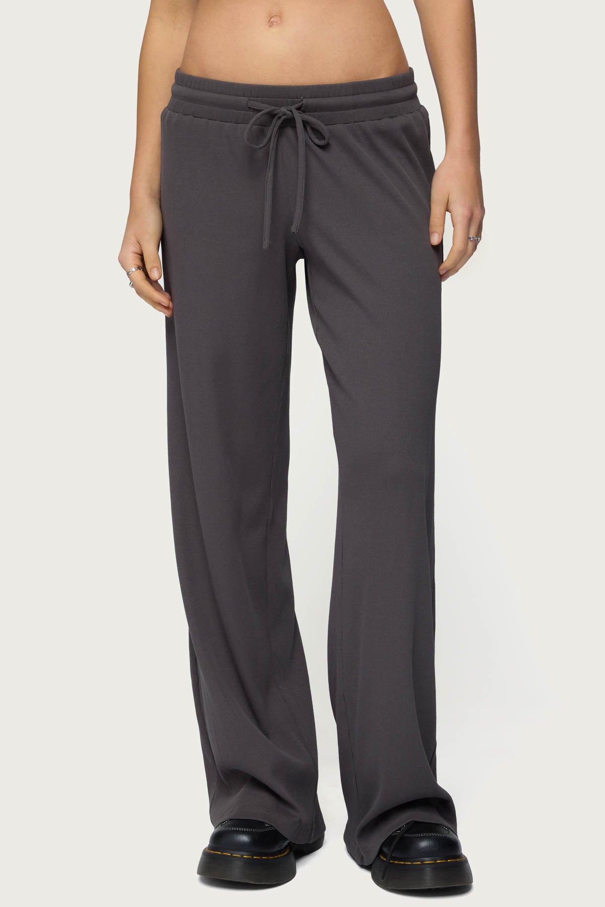 Cicilia Straight Leg Ribbed Pants - DARK-GRAY