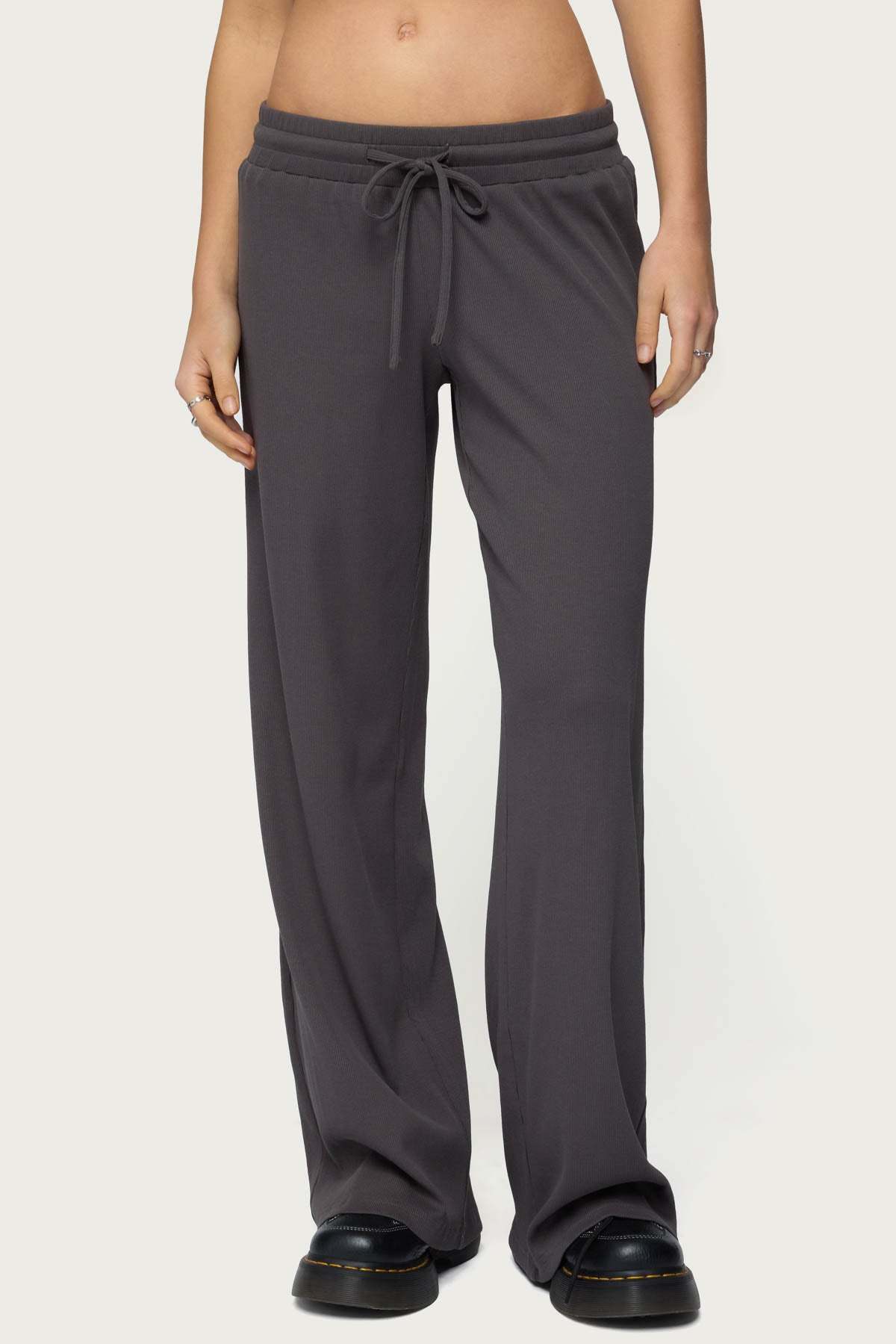 Cicilia Straight Leg Ribbed Pants - DARK-GRAY