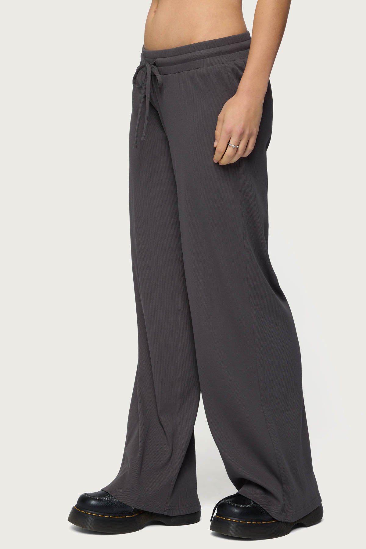 Cicilia Straight Leg Ribbed Pants - DARK-GRAY