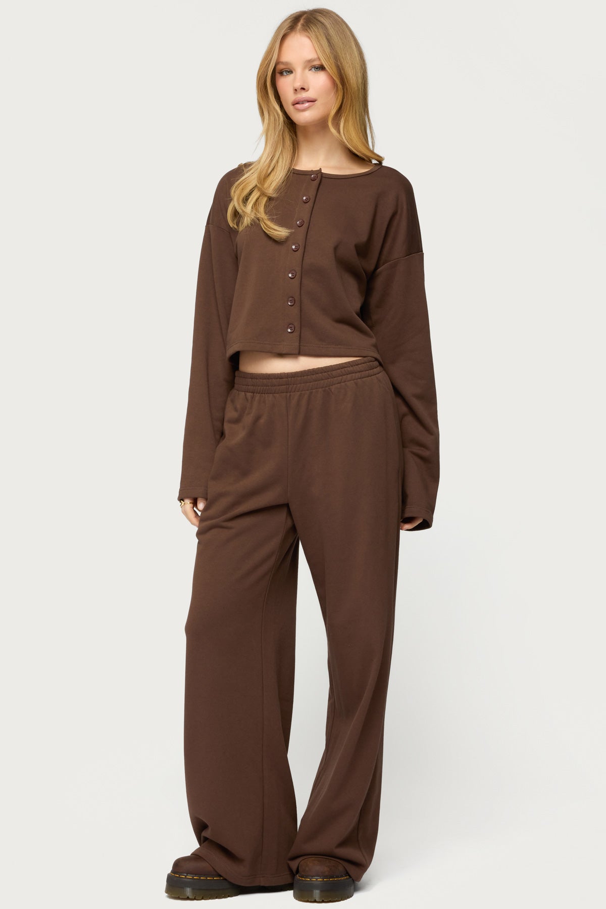 Binah Wide Leg Terry Sweatpants - DARK-BROWN