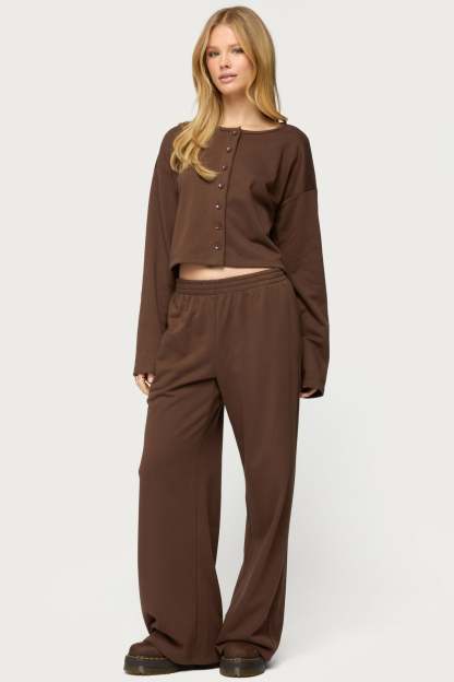 Binah Wide Leg Terry Sweatpants - DARK-BROWN