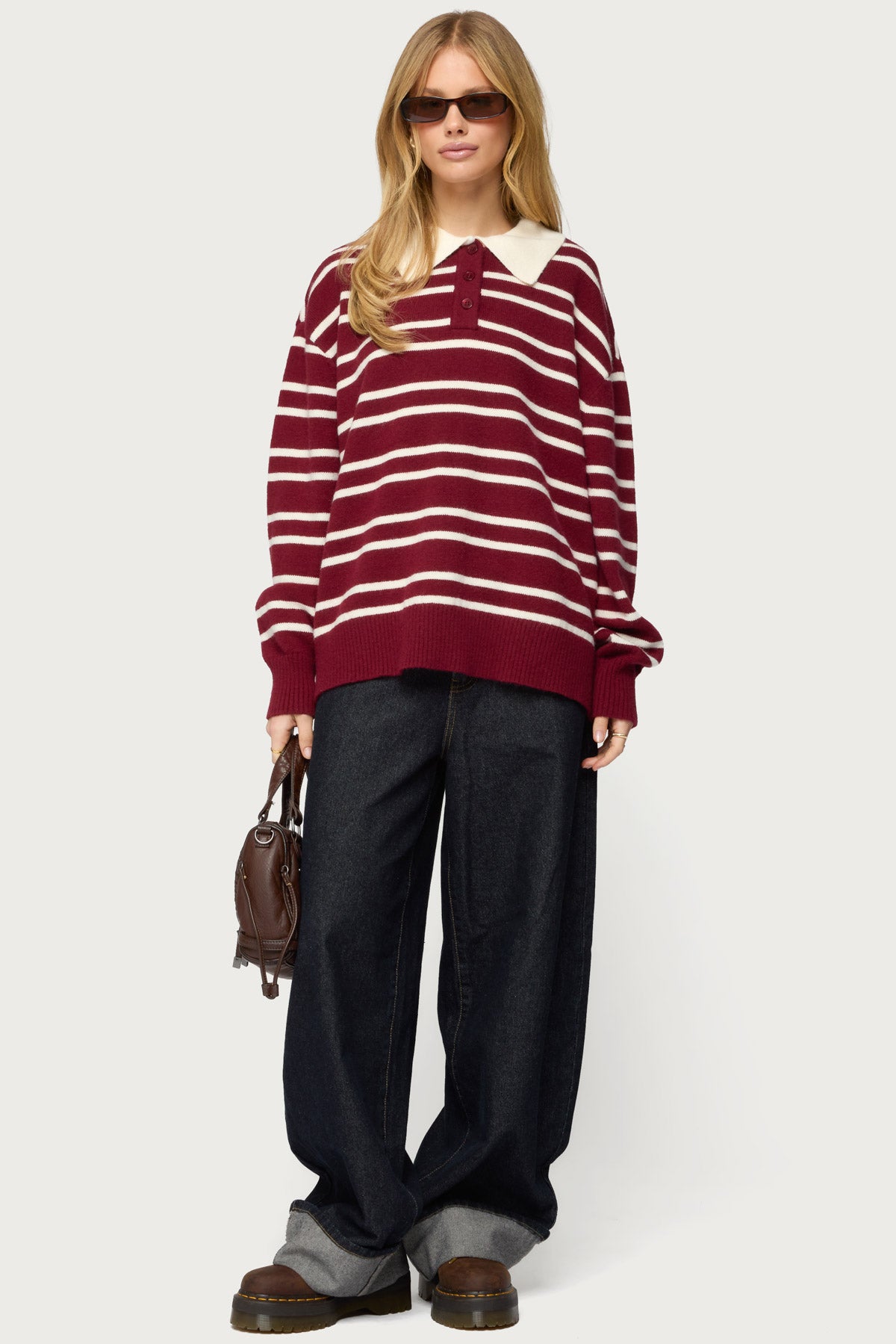 Rilynn Striped Polo Sweater - BURGUNDY-AND-WHITE