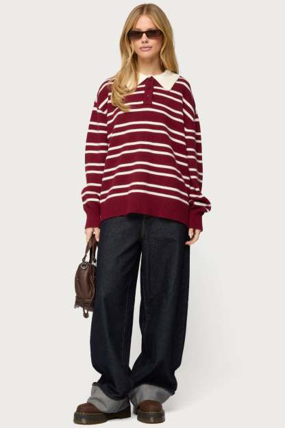 Rilynn Striped Polo Sweater - BURGUNDY-AND-WHITE