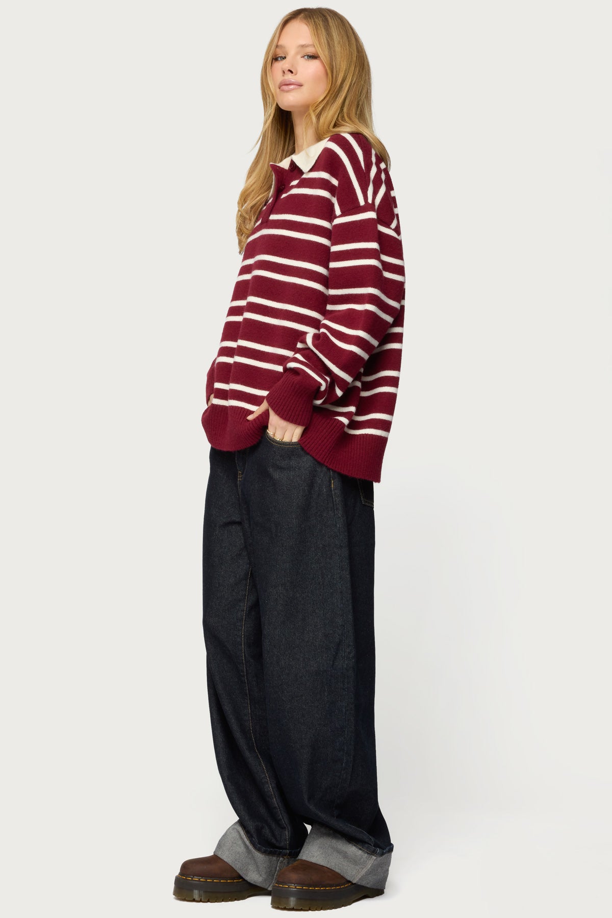 Rilynn Striped Polo Sweater - BURGUNDY-AND-WHITE