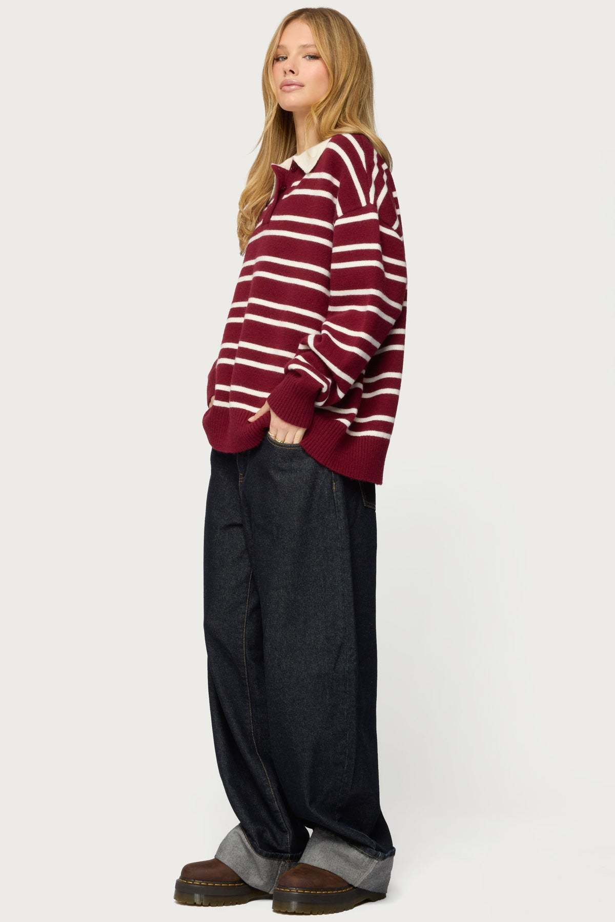 Rilynn Striped Polo Sweater - BURGUNDY-AND-WHITE