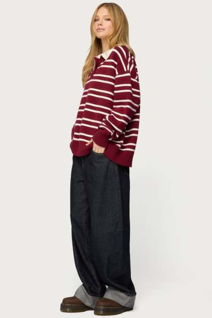 Rilynn Striped Polo Sweater - BURGUNDY-AND-WHITE