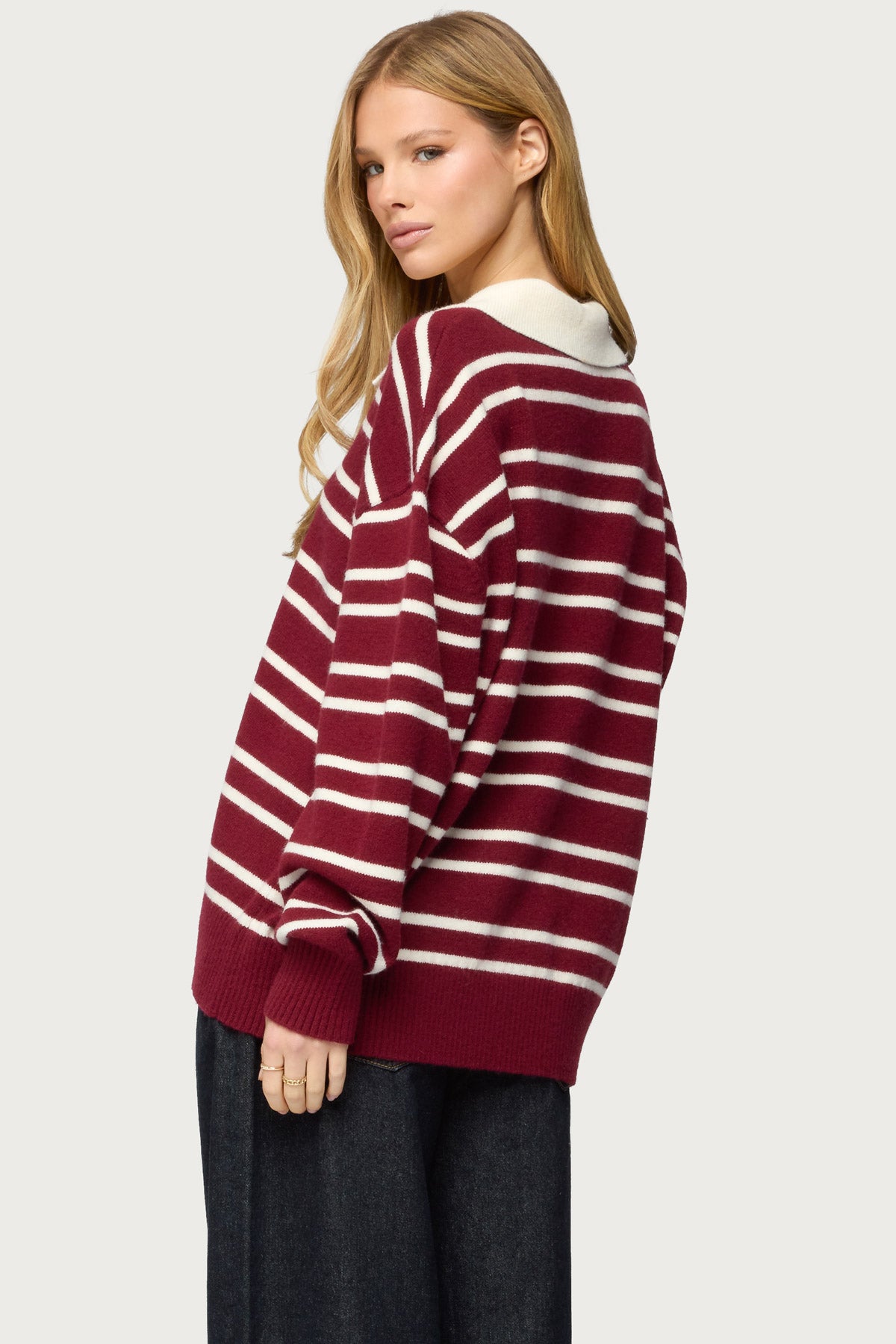Rilynn Striped Polo Sweater - BURGUNDY-AND-WHITE