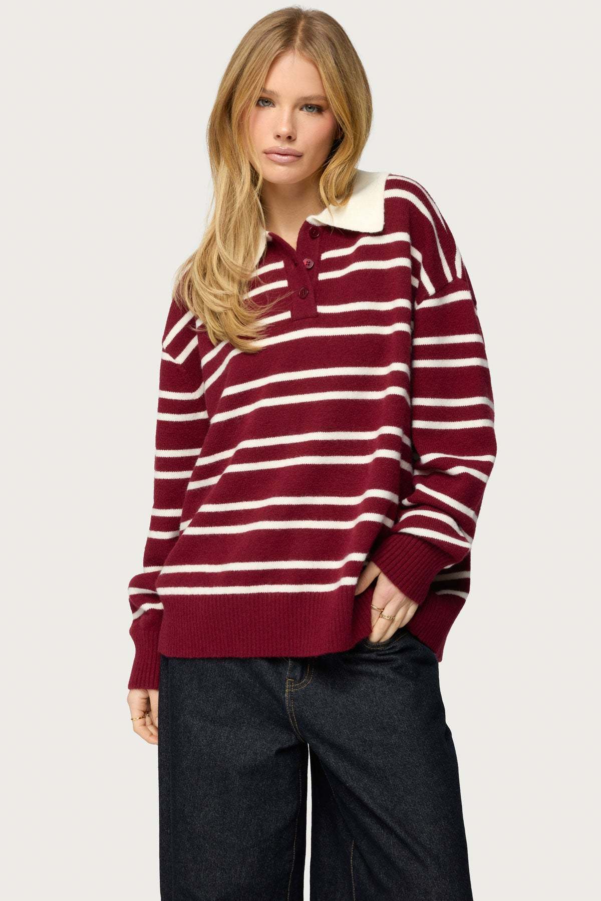 Rilynn Striped Polo Sweater - BURGUNDY-AND-WHITE