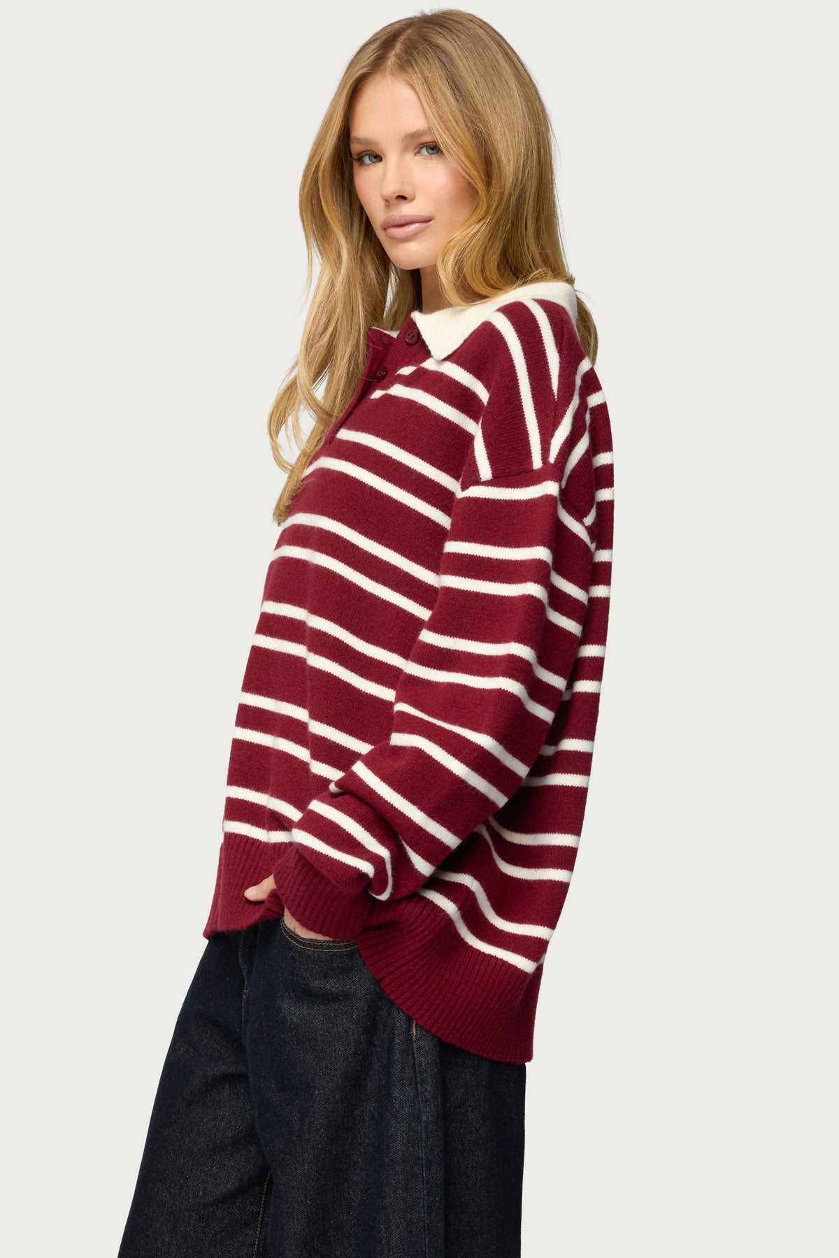 Rilynn Striped Polo Sweater - BURGUNDY-AND-WHITE