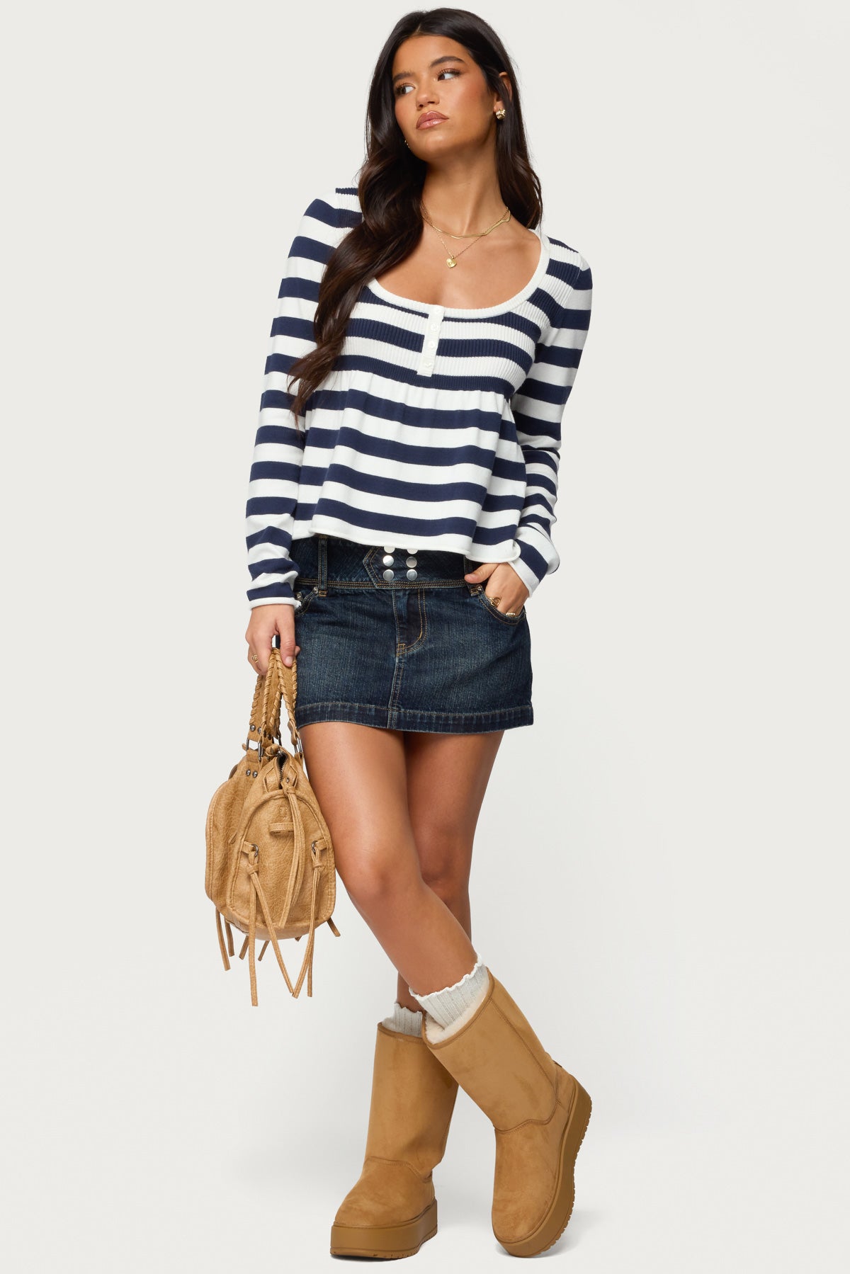 Lockie Striped Knit Babydoll Top - NAVY