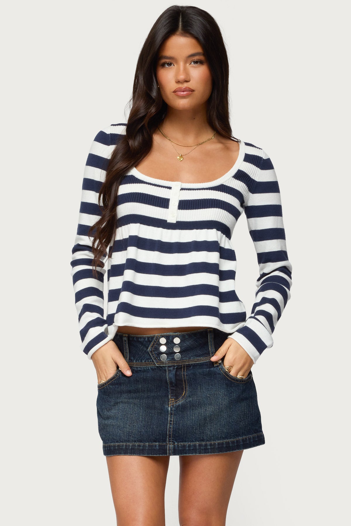 Lockie Striped Knit Babydoll Top - NAVY