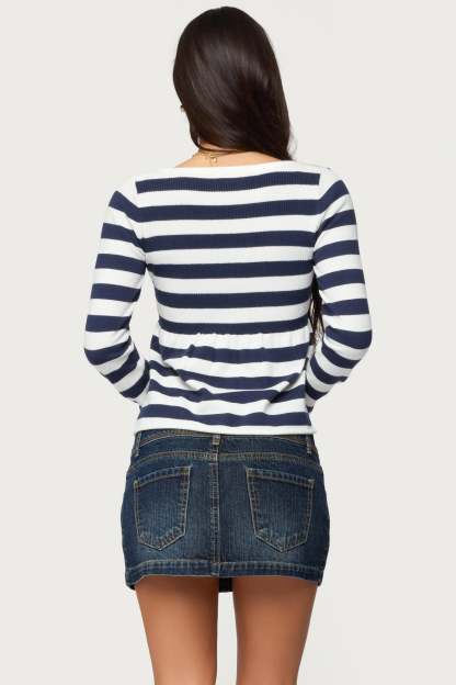 Lockie Striped Knit Babydoll Top - NAVY