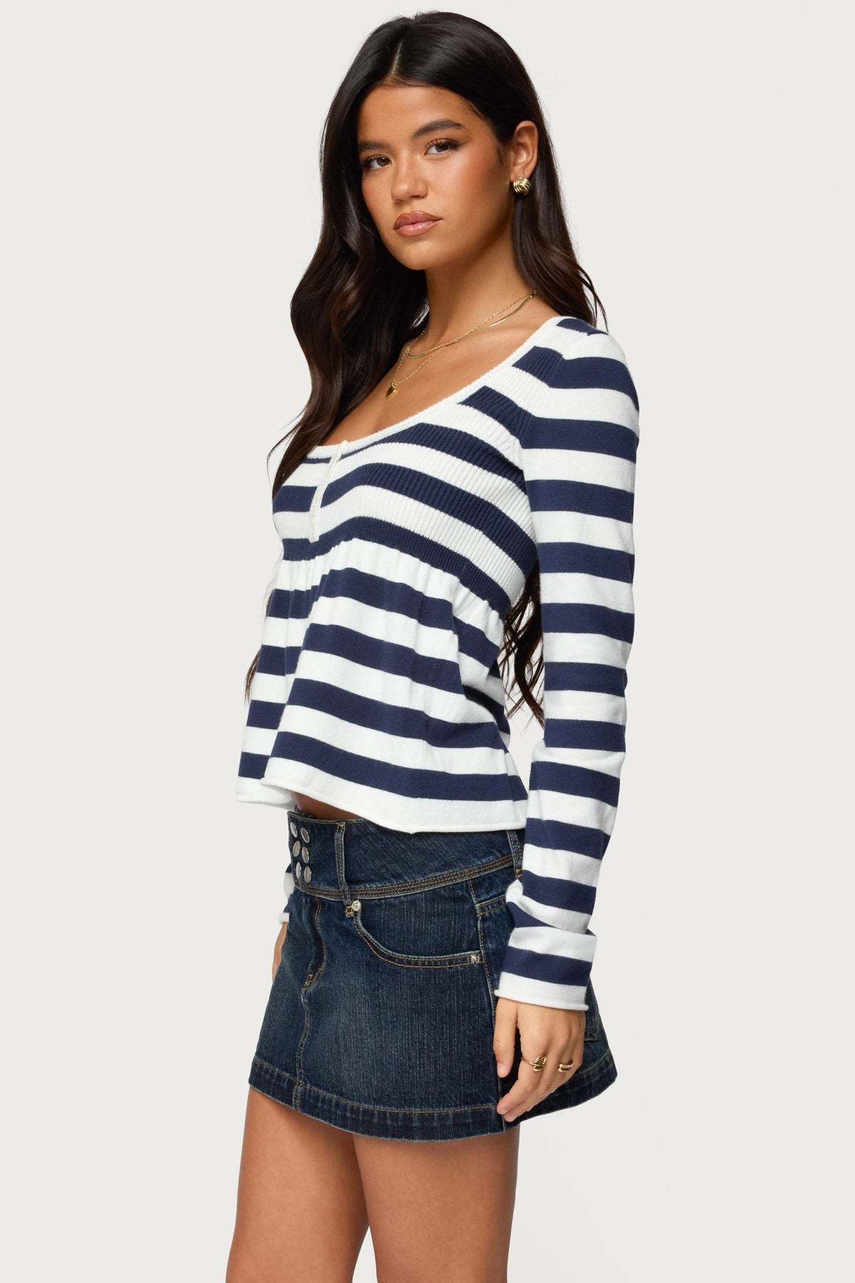 Lockie Striped Knit Babydoll Top - NAVY