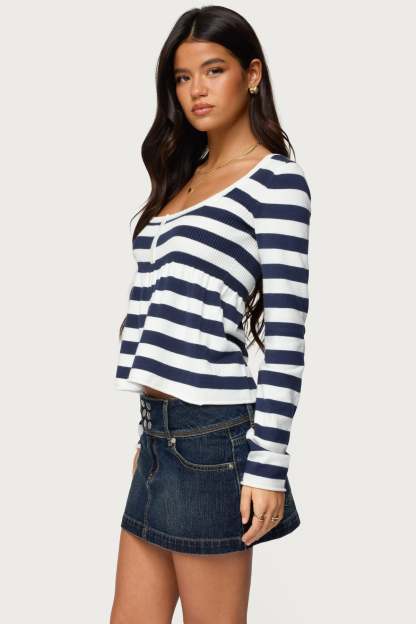 Lockie Striped Knit Babydoll Top - NAVY