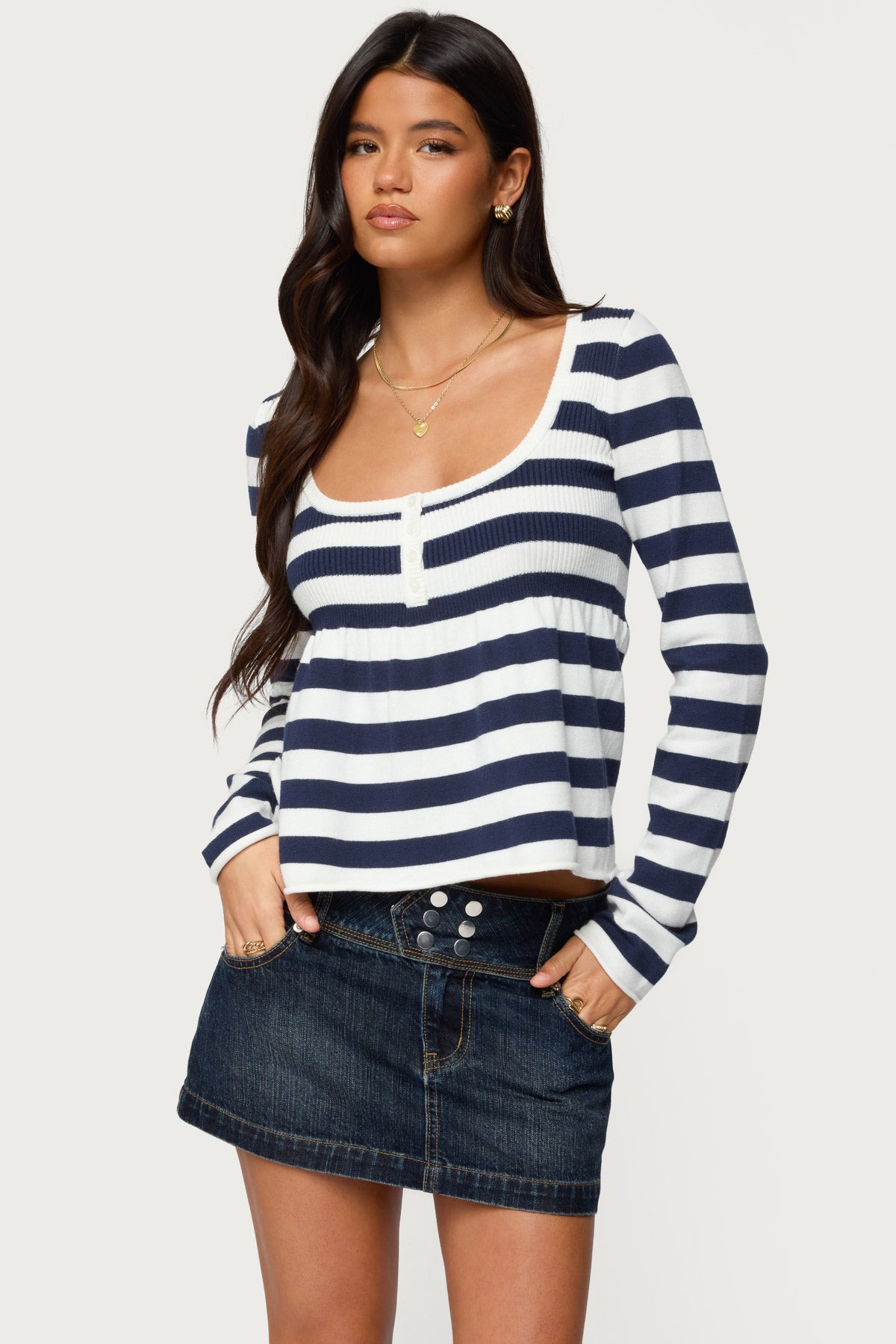 Lockie Striped Knit Babydoll Top - NAVY