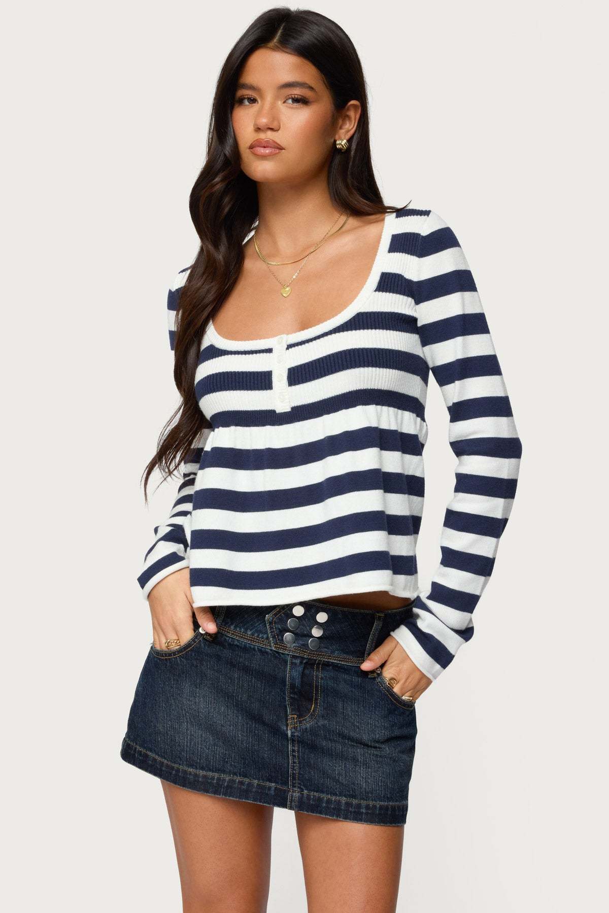 Lockie Striped Knit Babydoll Top - NAVY