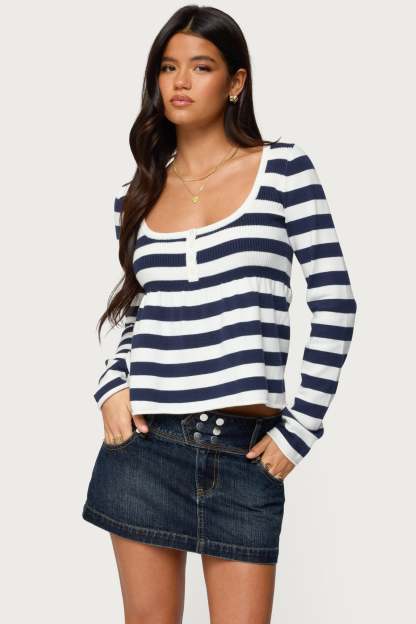 Lockie Striped Knit Babydoll Top - NAVY