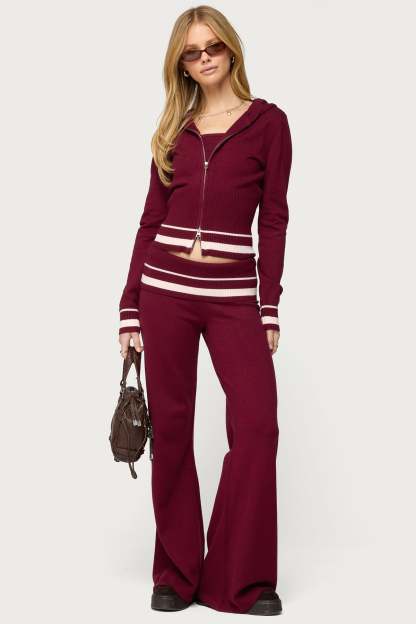 Kaliya Stripey Foldover Knit Pants - BURGUNDY