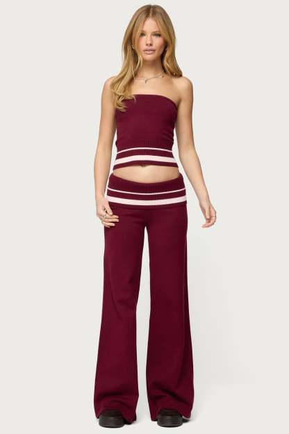Kaliya Stripey Foldover Knit Pants - BURGUNDY