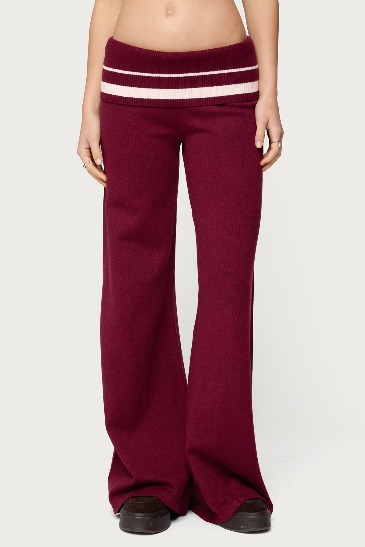 Kaliya Stripey Foldover Knit Pants - BURGUNDY