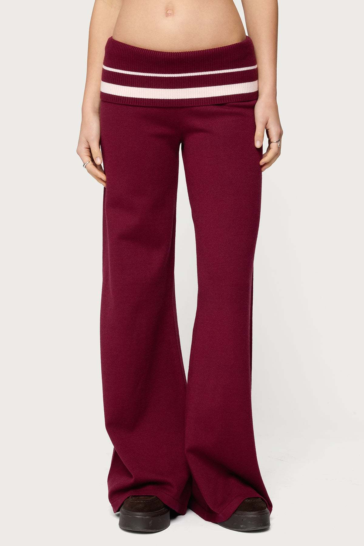 Kaliya Stripey Foldover Knit Pants - BURGUNDY
