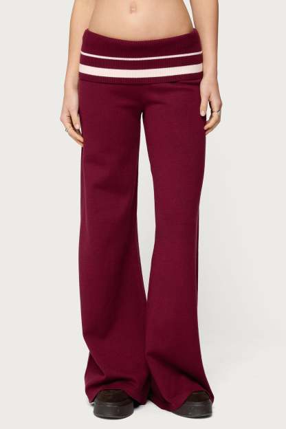 Kaliya Stripey Foldover Knit Pants - BURGUNDY