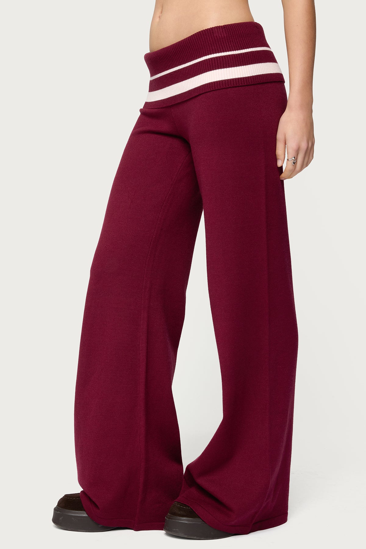 Kaliya Stripey Foldover Knit Pants - BURGUNDY