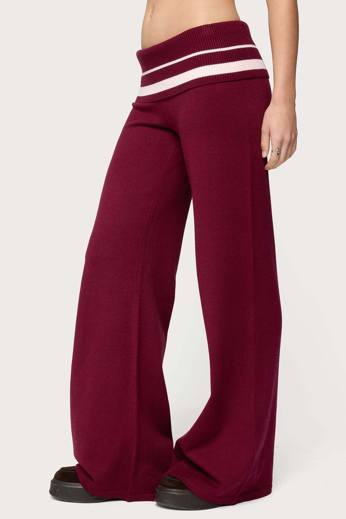 Kaliya Stripey Foldover Knit Pants - BURGUNDY